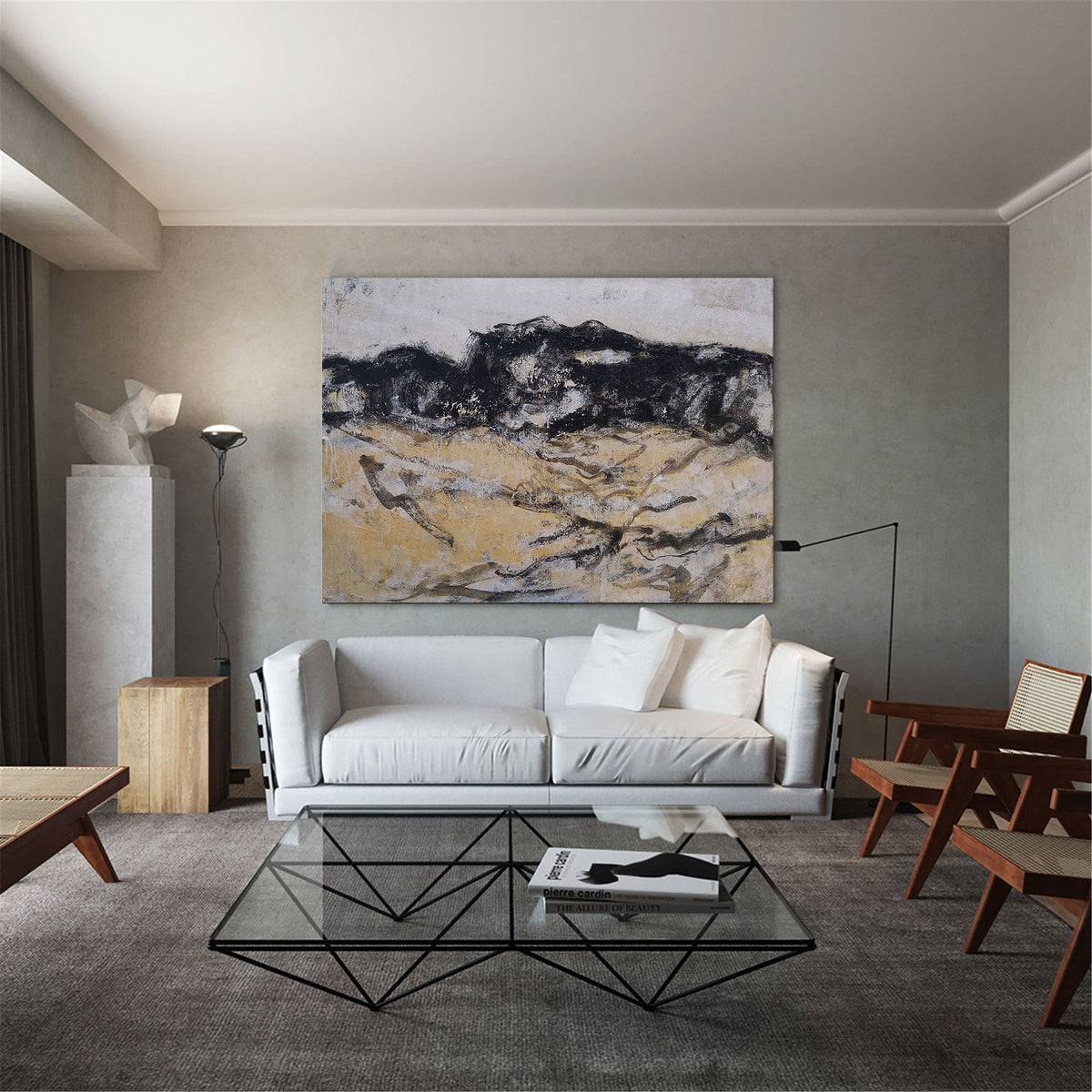 Black‑Gold‑Beige Abstract‑Landscape Rugged Impasto‑Texture Artwork