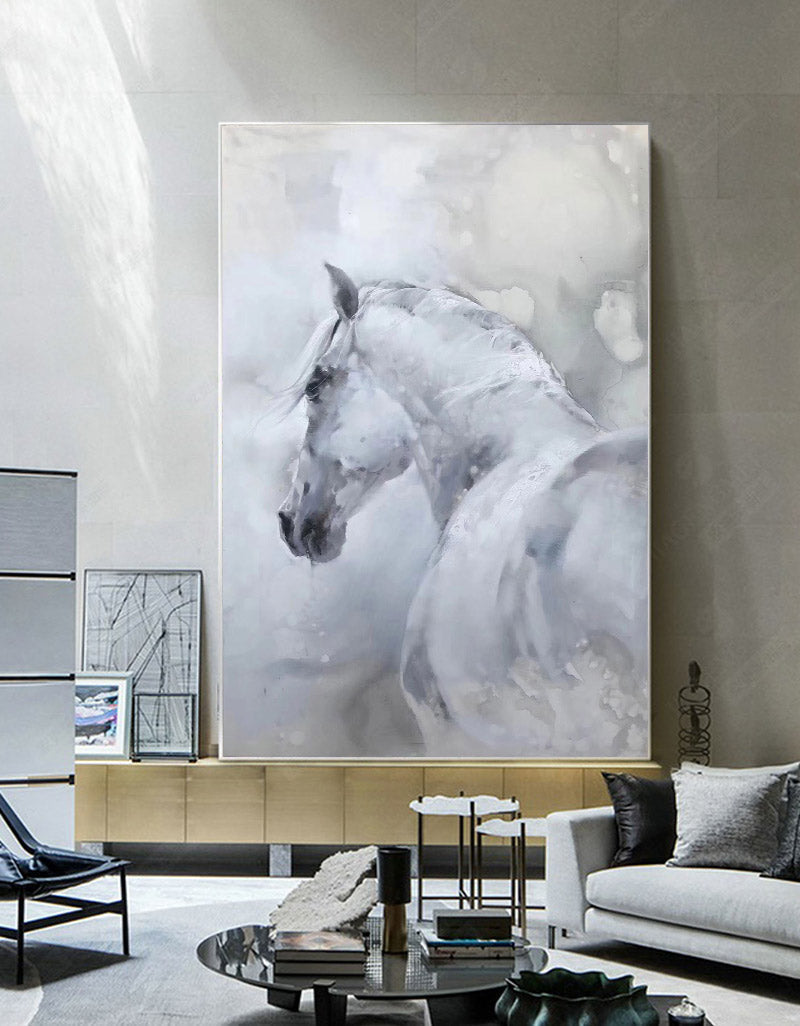 Large White Abstract Horse Painting ANH08 - Neutralighting