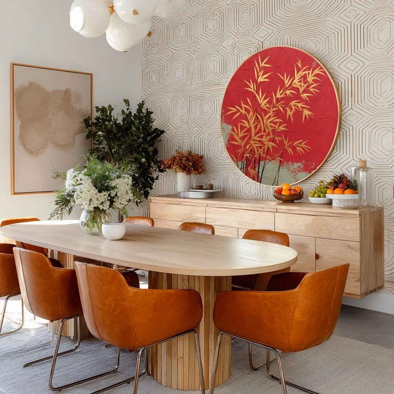 Wall Art Round Golden Bamboo Red