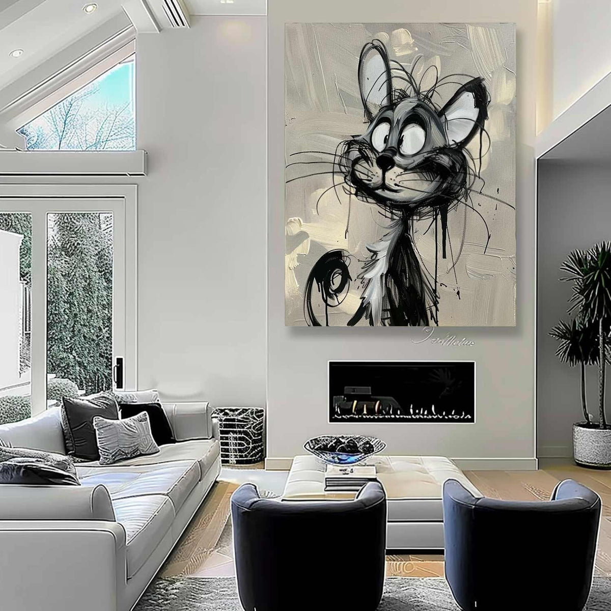 Wall Art Cartoon Cat Black White Drip Oil Painting