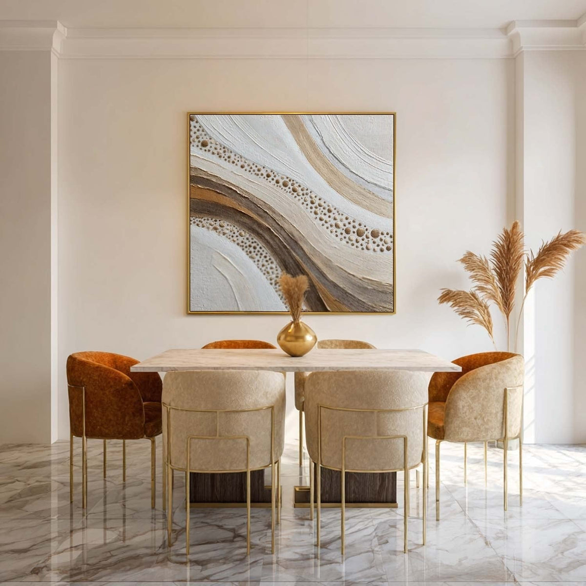 Wall Art Minimalist 3D Gold Dotted Flowing Waves