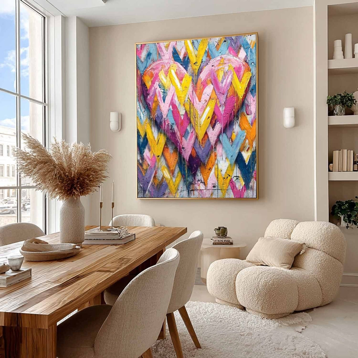 Vibrant Chevron Double Heart Impasto Painting