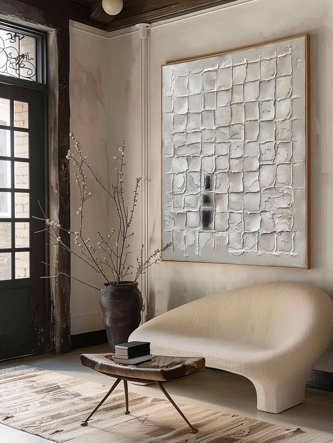 Wall Art Neutral Grid Plaster Painting