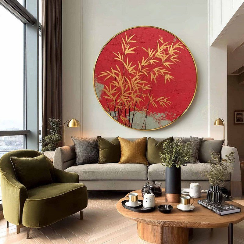 Wall Art Round Golden Bamboo Red
