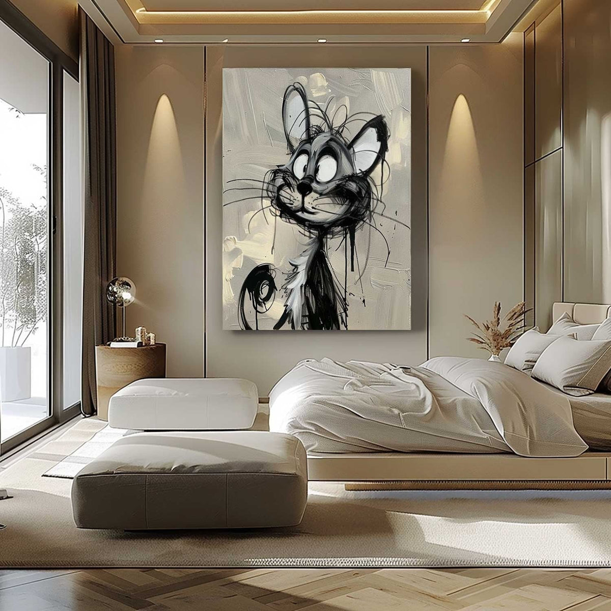 Wall Art Cartoon Cat Black White Drip Oil Painting