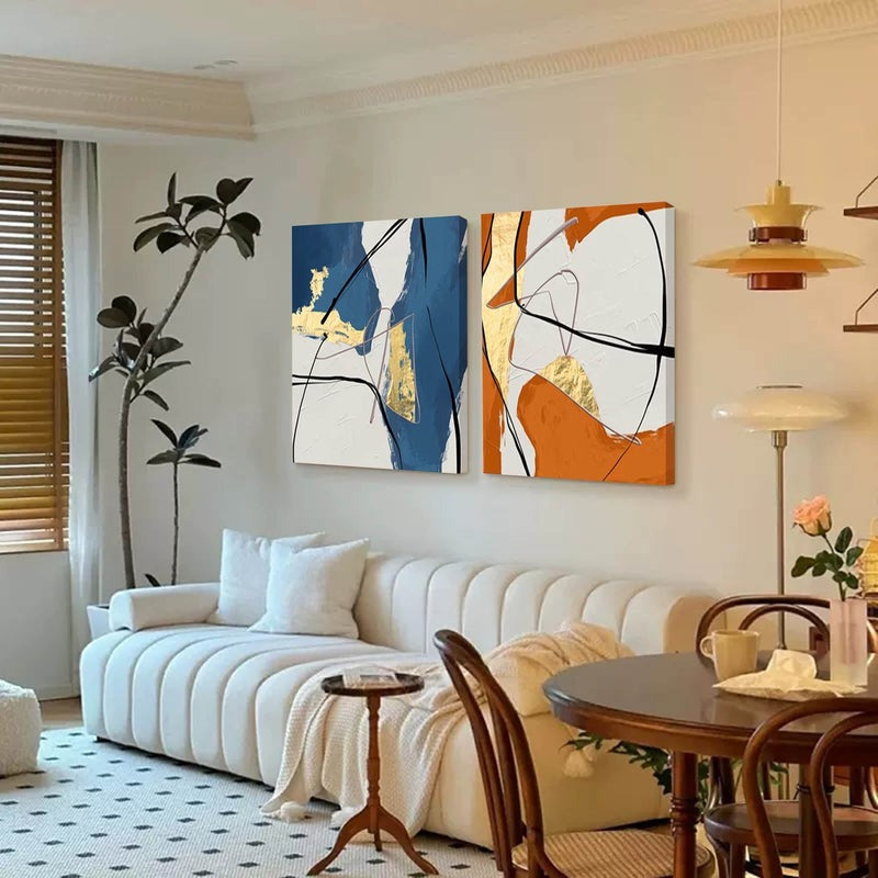 Set of 2 Gold Oil Paintings Blue Orange