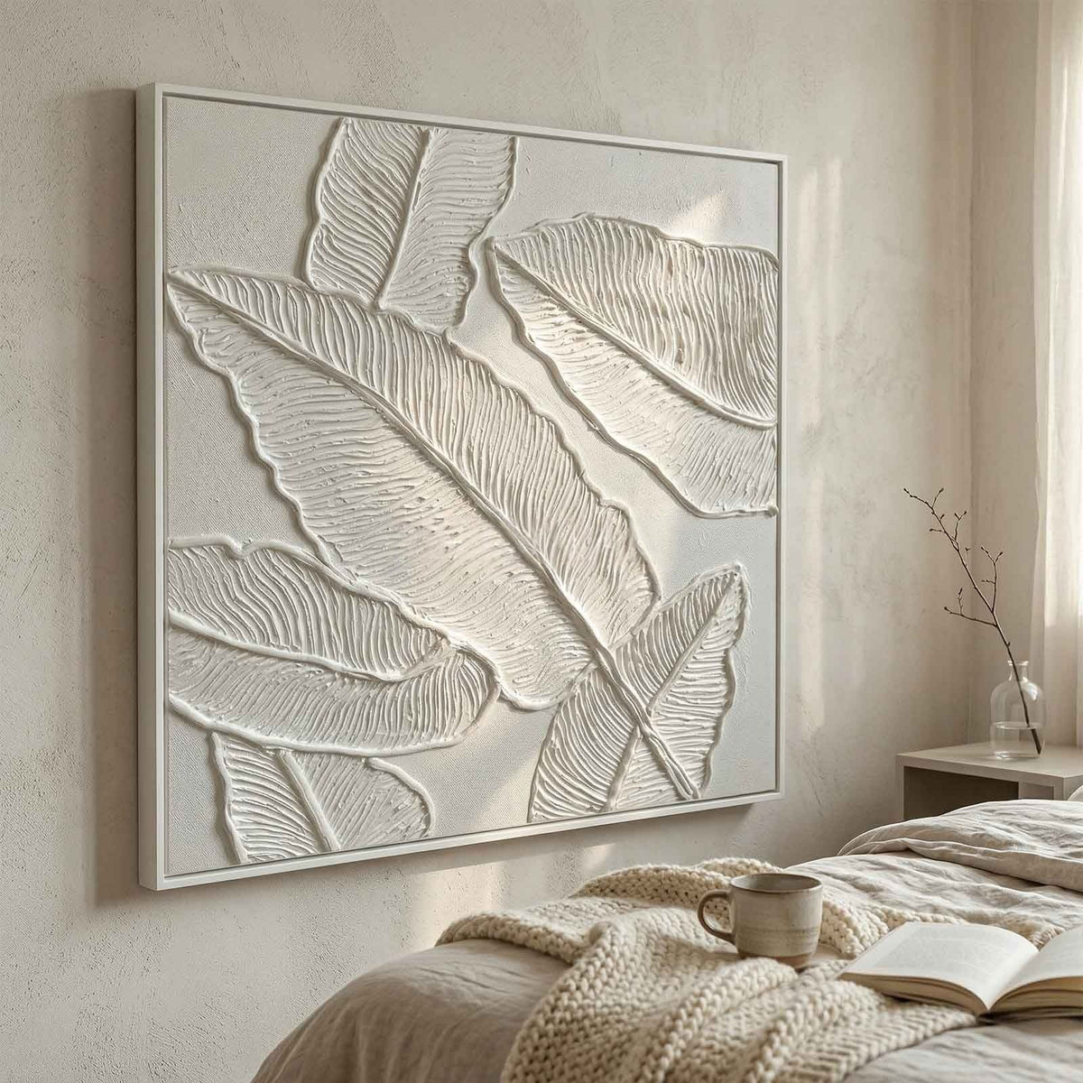 Plaster Art White 3D Leaf Texture Painting