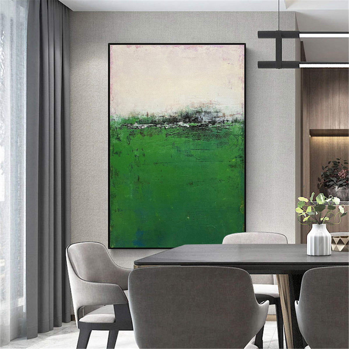 Minimalist Green White Abstract Landscape Oil Painting