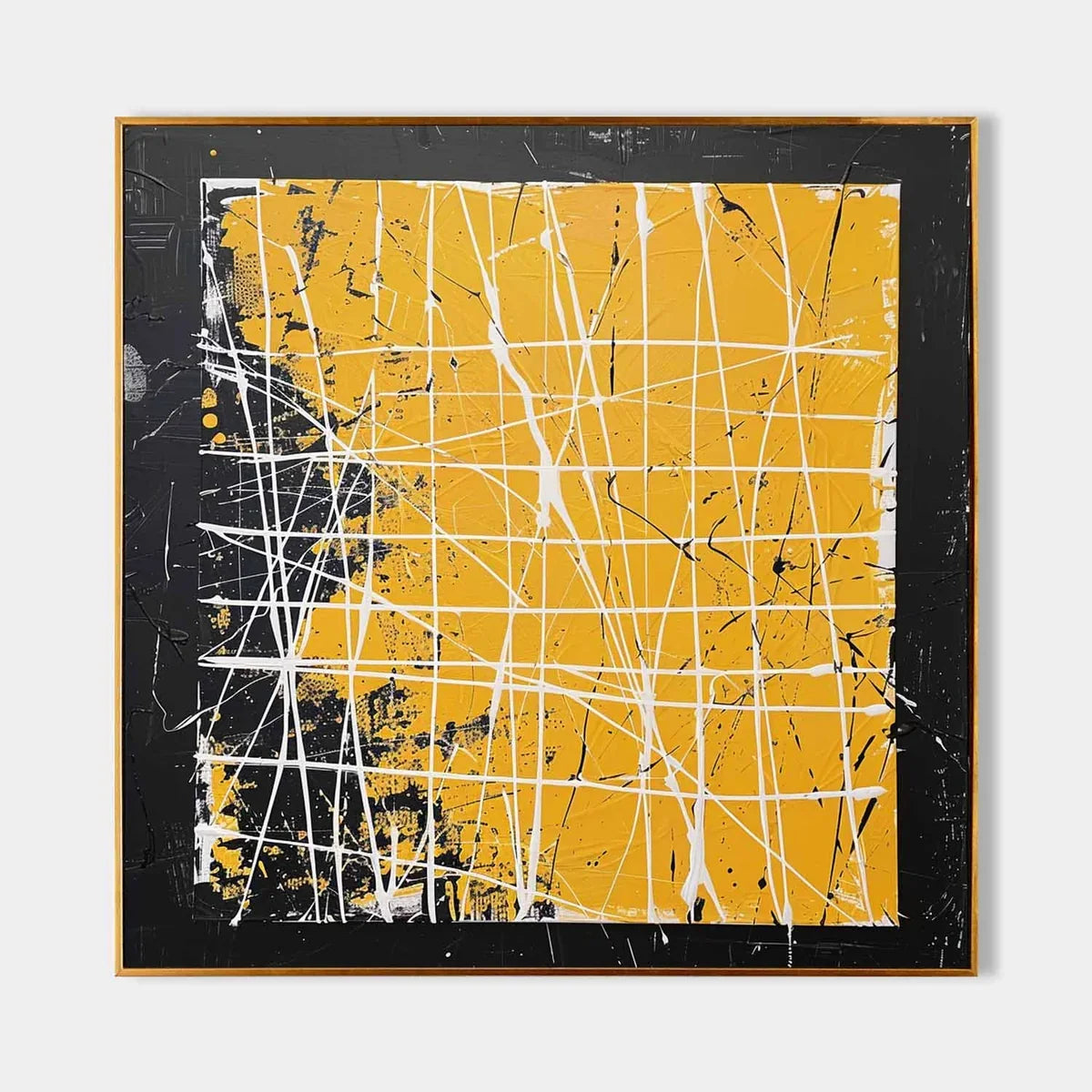 Bold Yellow Oil Painting White Grid-Lines Framed