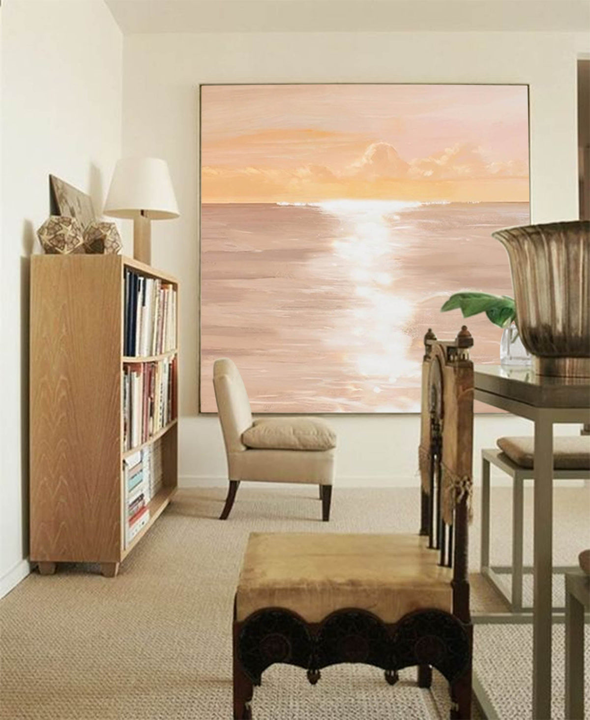 Serene Coastal Sunset Oil Painting Soft Peach