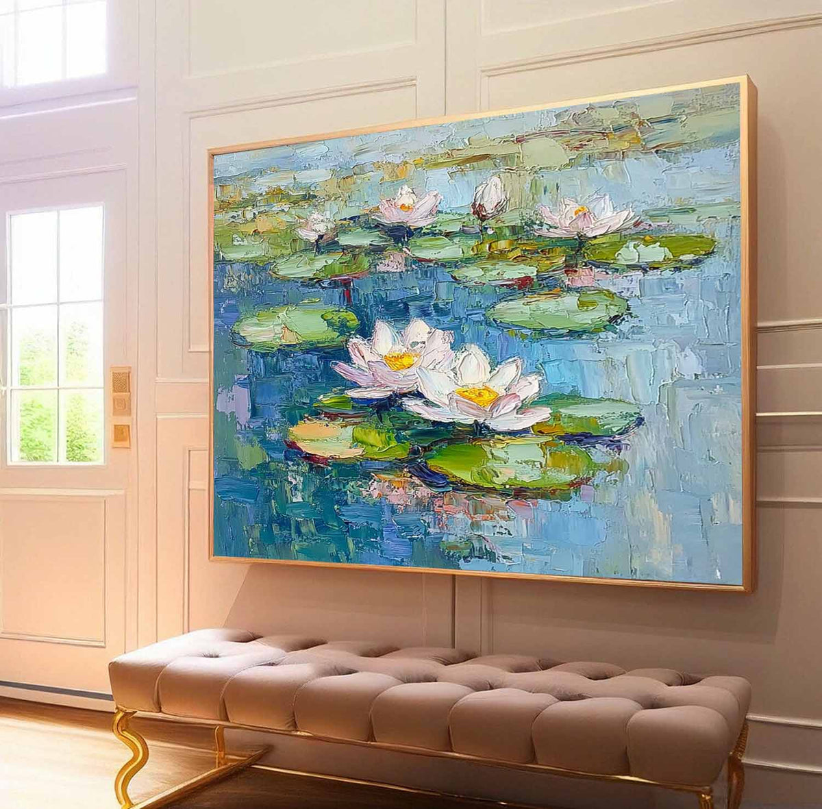 Impasto Water Lily Painting Serene Blue & Green