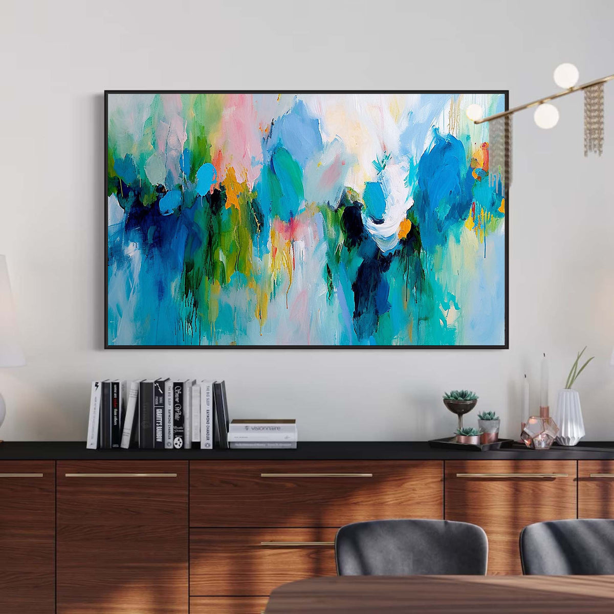 Vibrant Floral Painting Teal & Blue Modern Wall Art