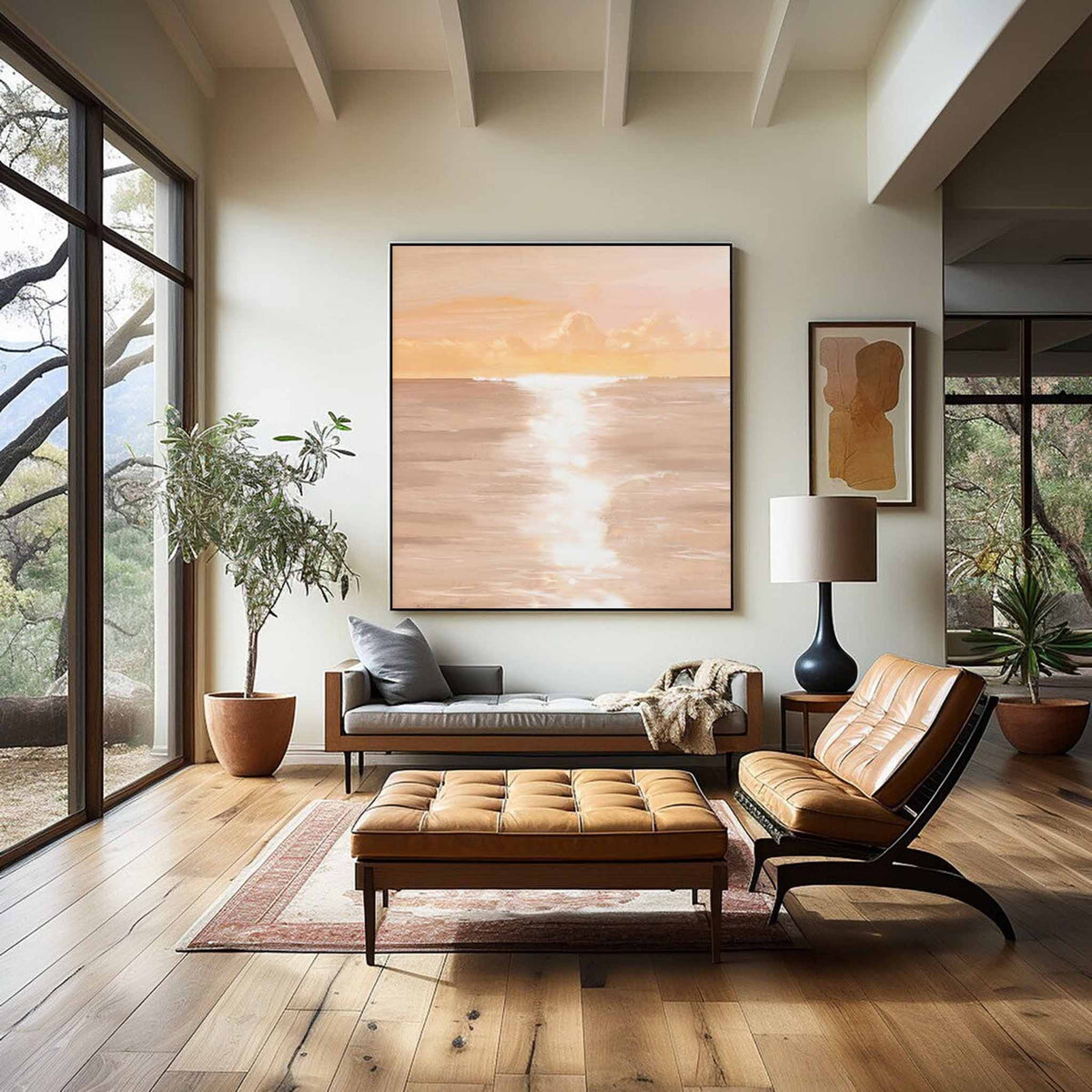 Serene Coastal Sunset Oil Painting Soft Peach