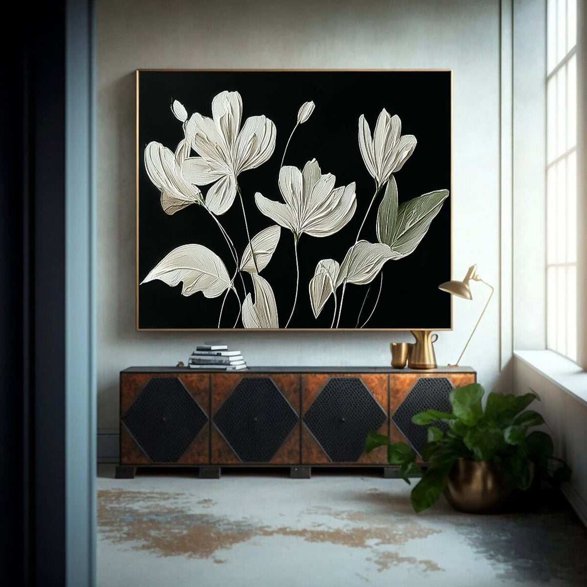 Contrast Floral Impasto Oil Painting White On Black