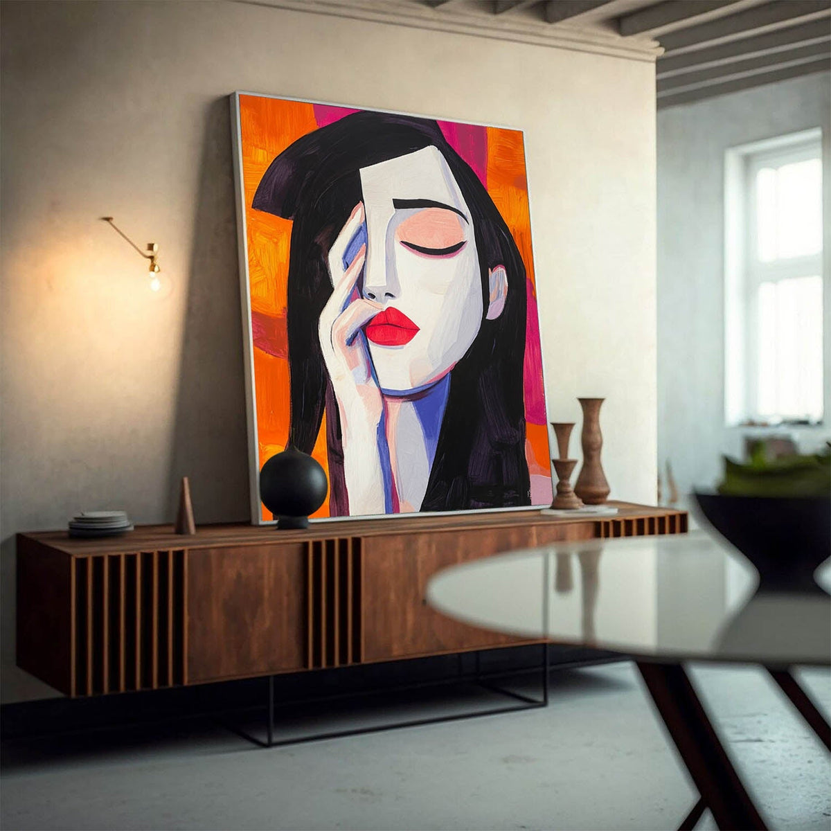 Stylized Contemplative Woman Portrait Oil Painting