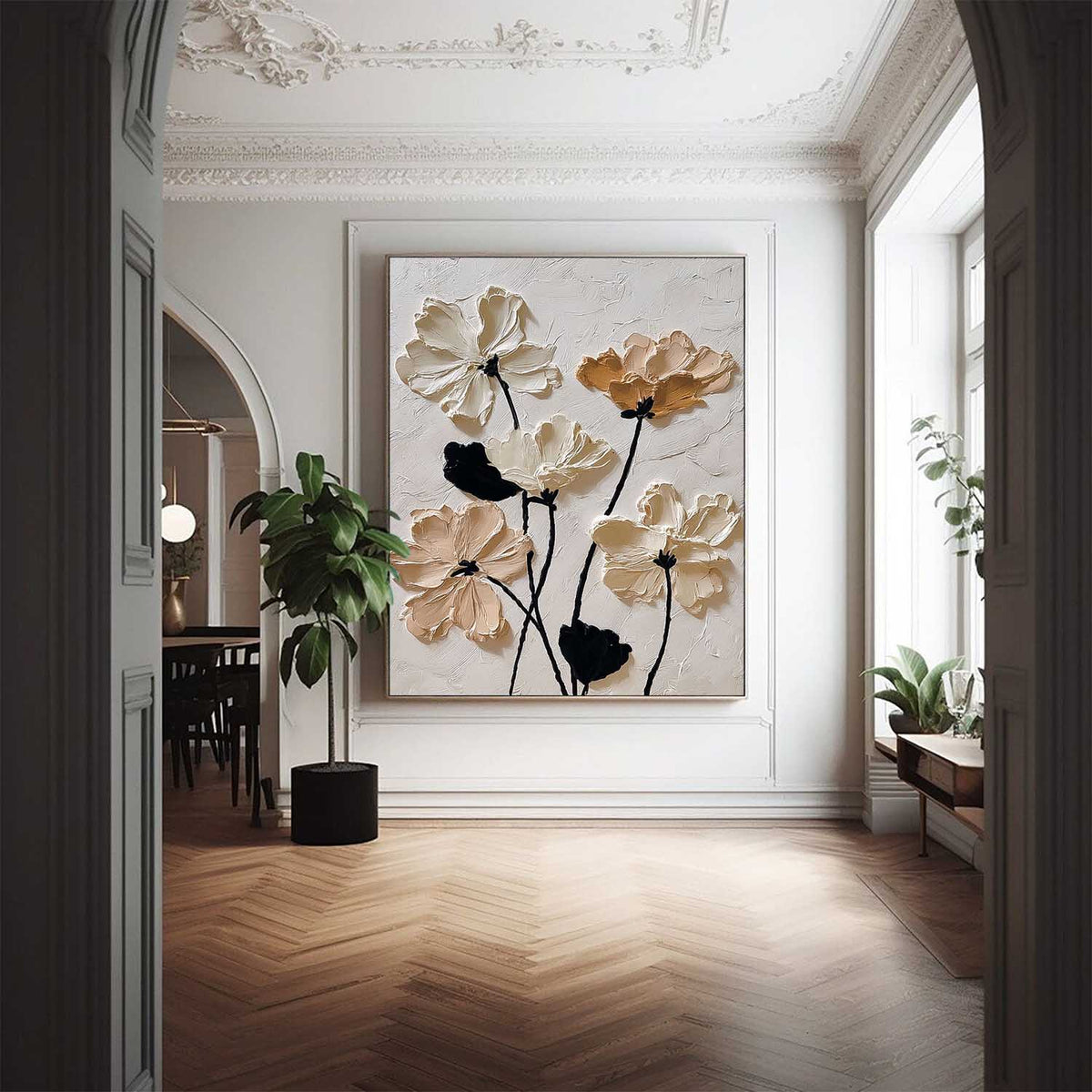 Neutral Impasto Floral Oil Painting 3D Texture