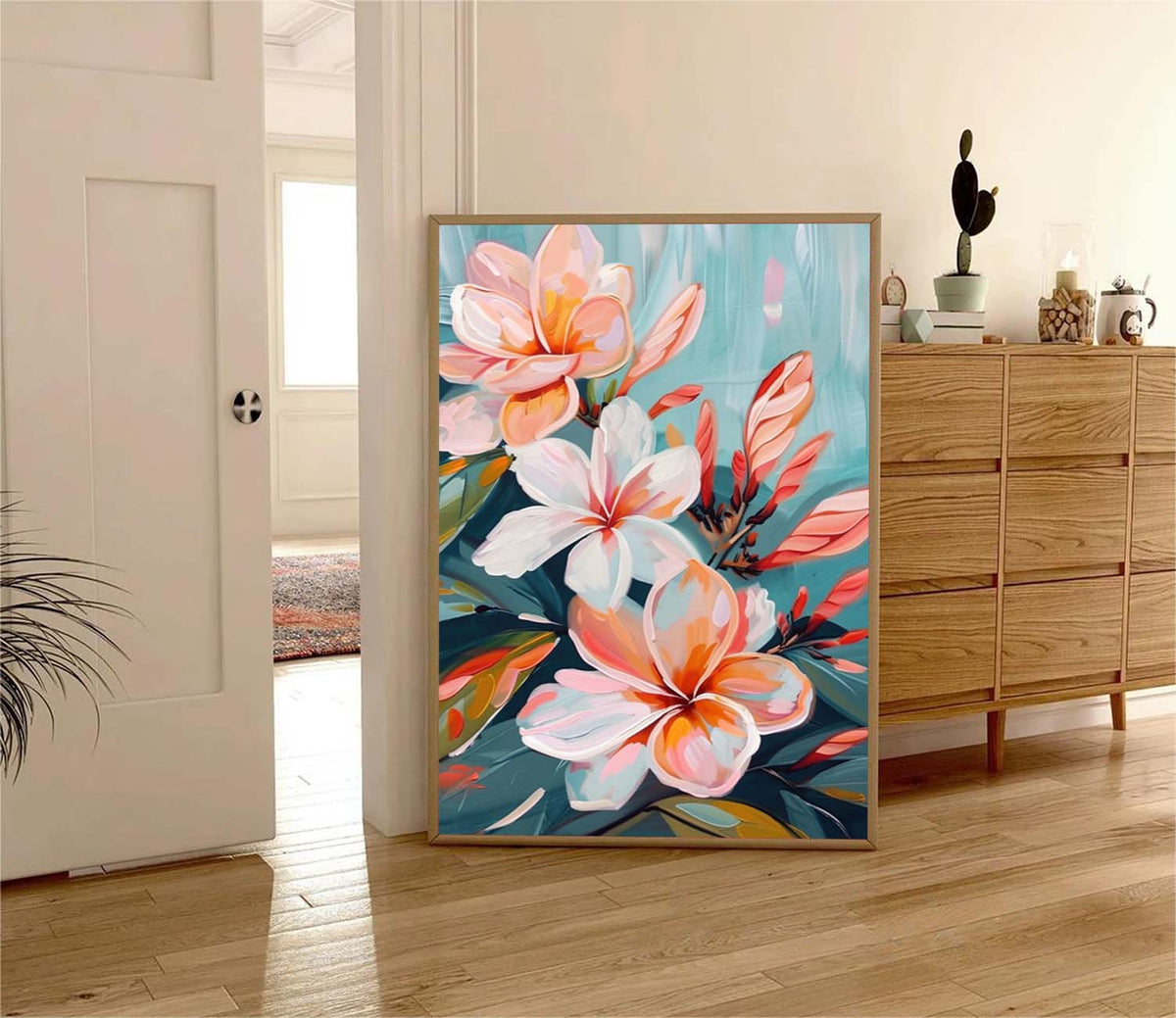 Tropical Plumeria Floral Oil Painting Soft Teal