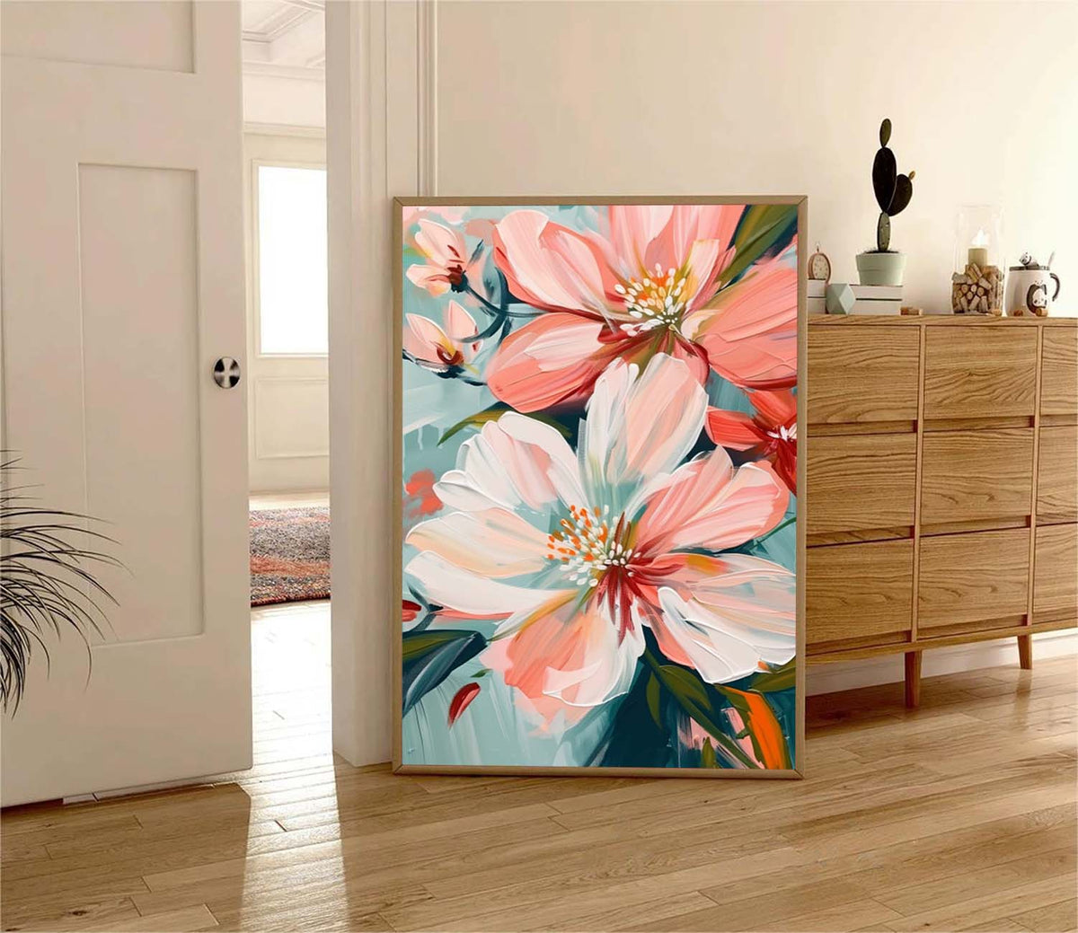 Blush Pink Floral Close Up Oil Painting Soft Teal