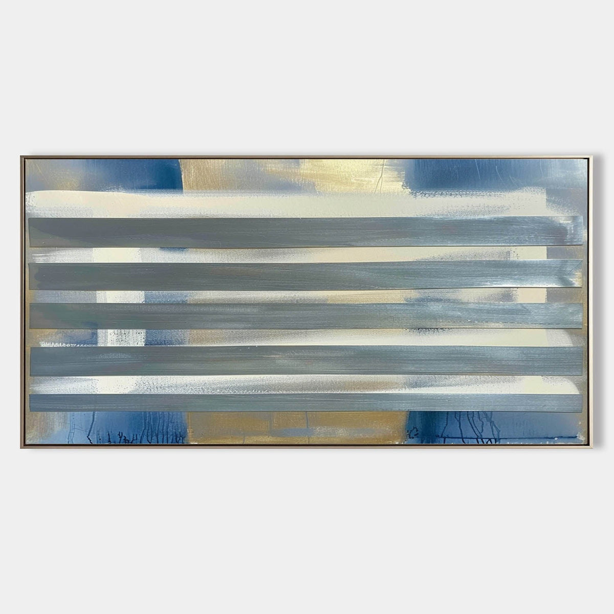 Gray Stripes Abstract Oil Painting Blue Gold Framed