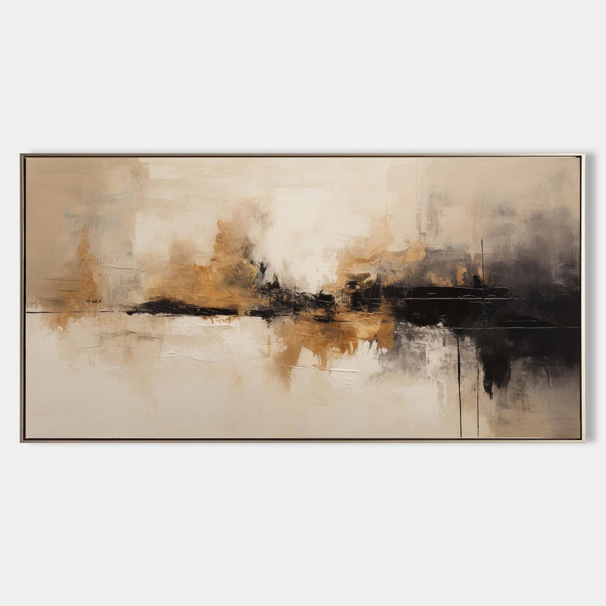 Beige‑Black‑Gold Horizontal Abstract Blended Brush‑Stroke Textured Artwork