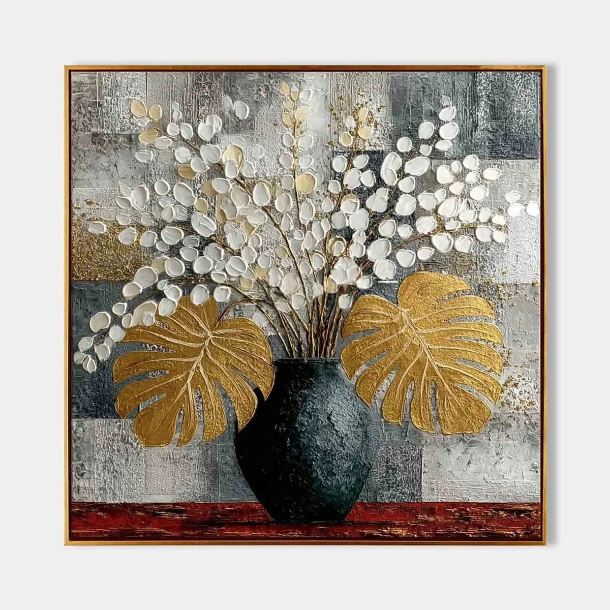 Gold Monstera White Blossoms Impasto Painting