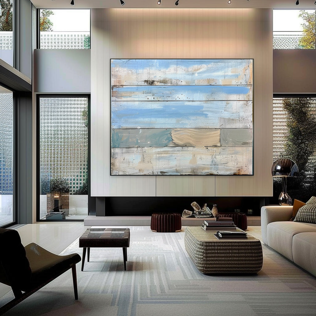 Layered Coastal Wood Panel Art Soft Blue & Neutral
