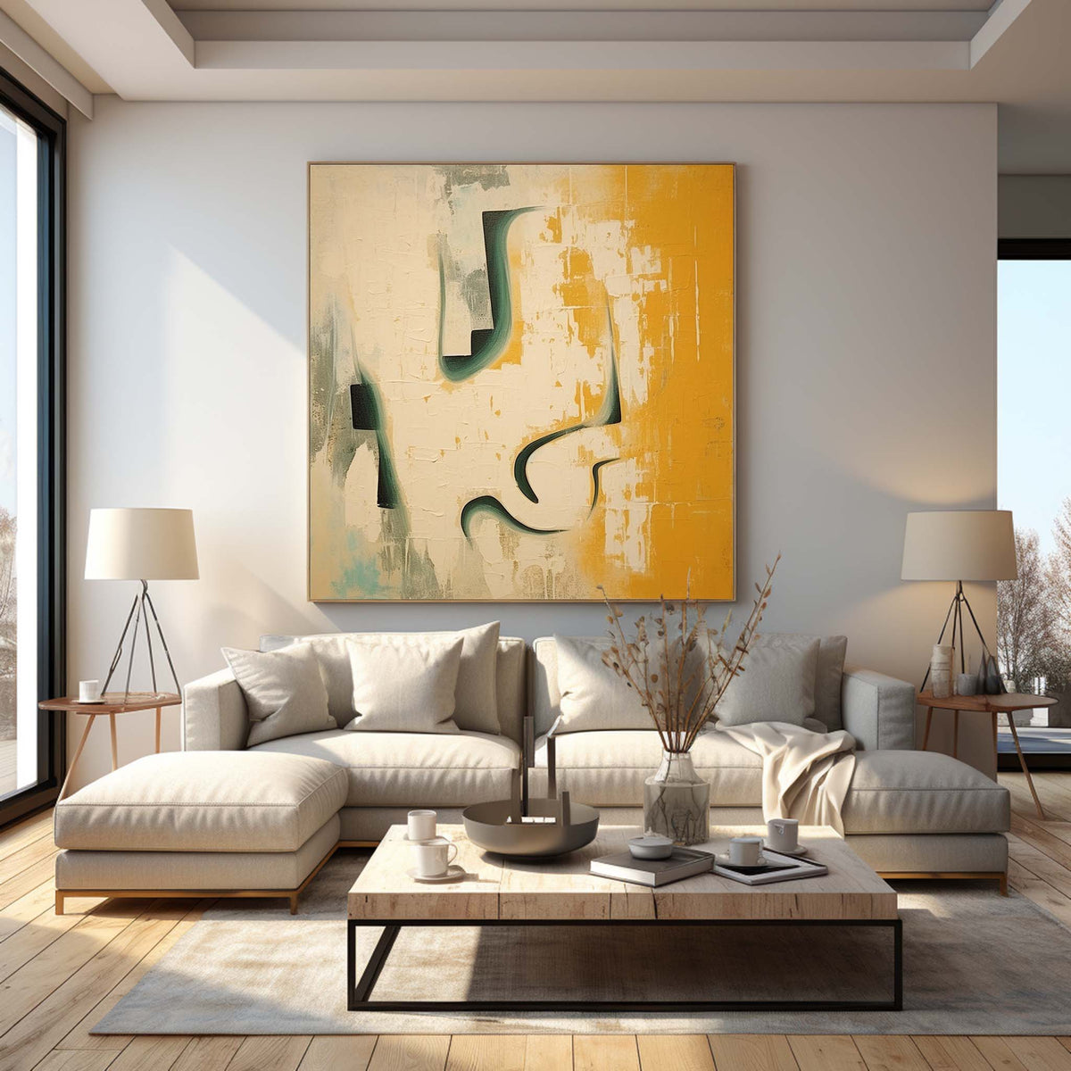 Mustard Yellow & Teal Abstract Oil Painting