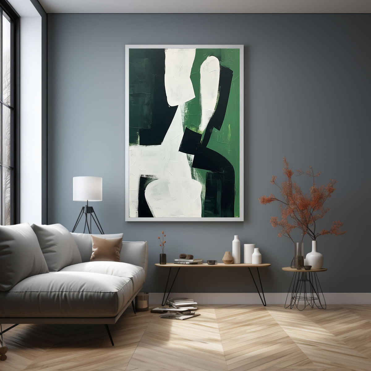 Bold Geometric Oil Painting Textured Dark Green