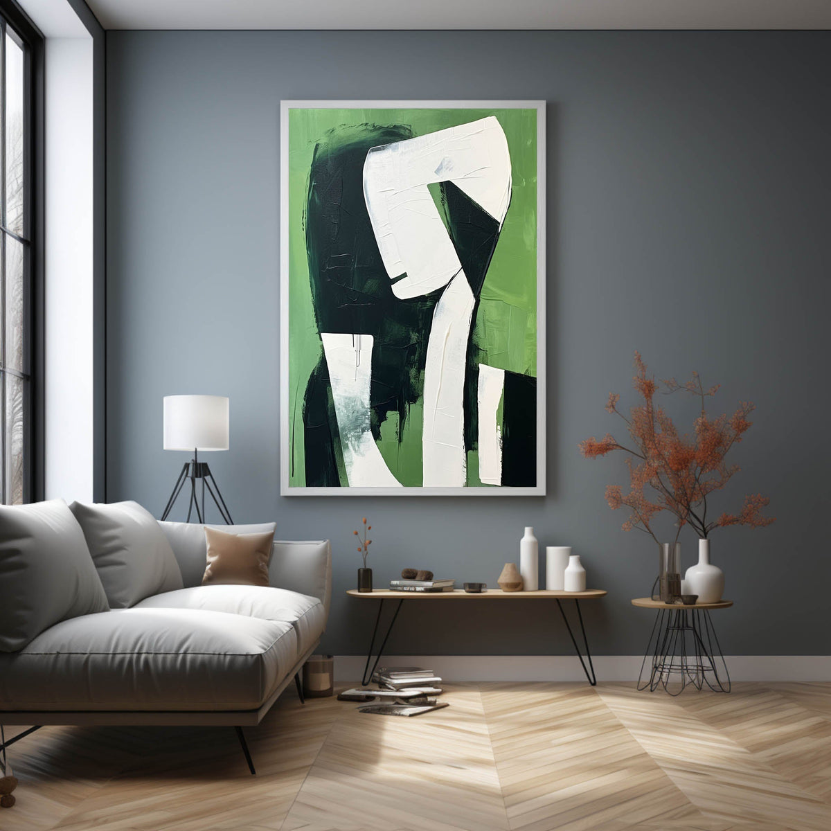 Dark Green Black White Abstract Figure Wall Art