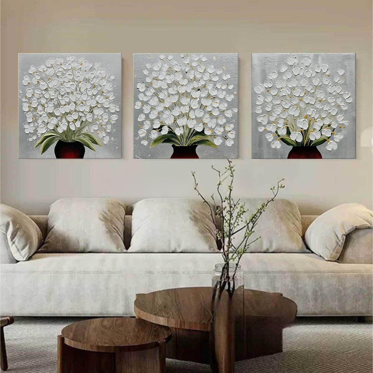 White Floral Triptych 3D Impasto Painting Set Of 3 - Neutralighting