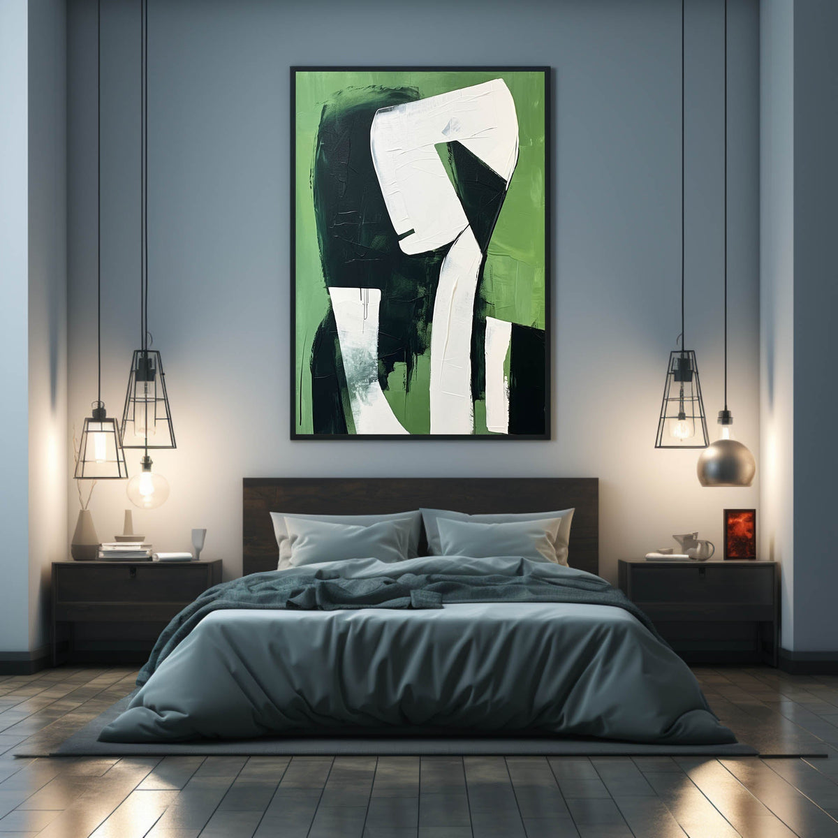 Dark Green Black White Abstract Figure Wall Art