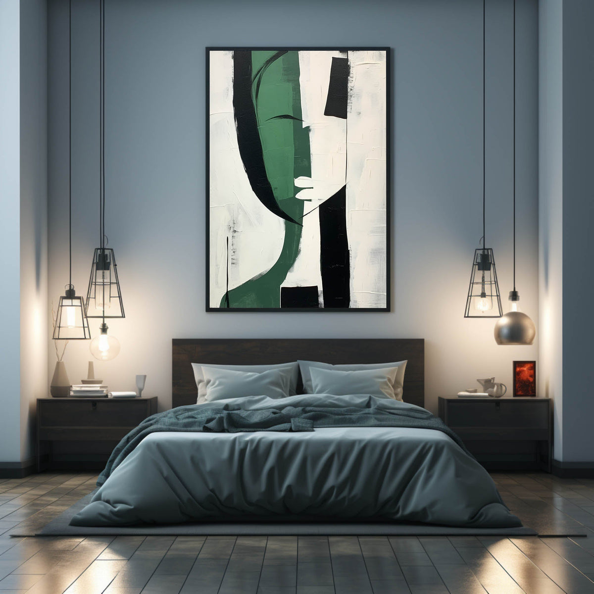 Modern Abstract Female Portrait Painting Green Black