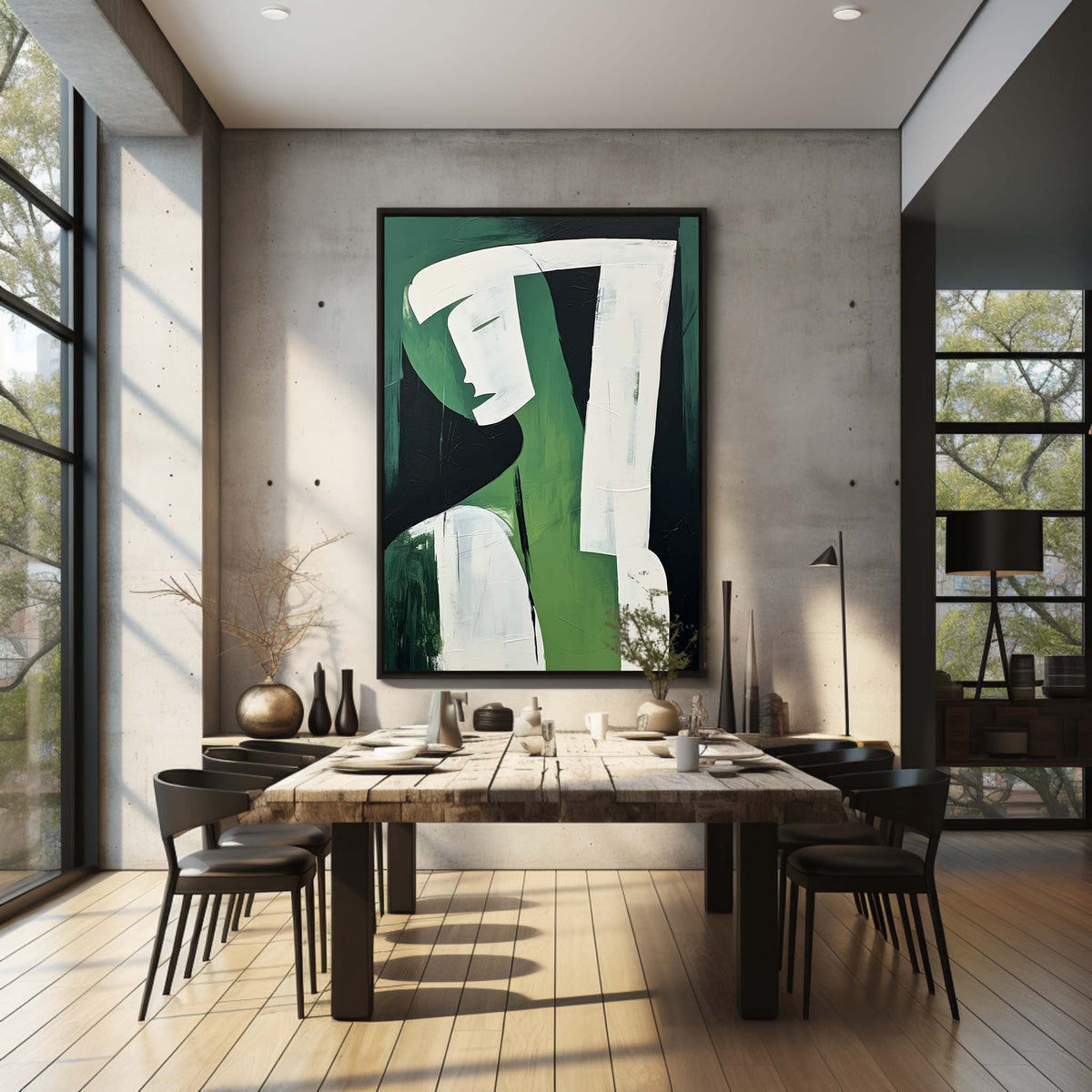 Wall Art Green Black Abstract Face Profile Plaster