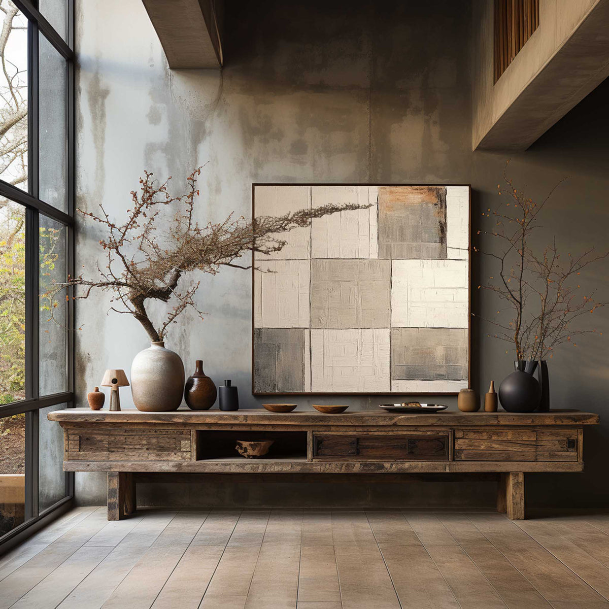 Wabi-Sabi Neutral Toned Textured Grid Block Oil Painting