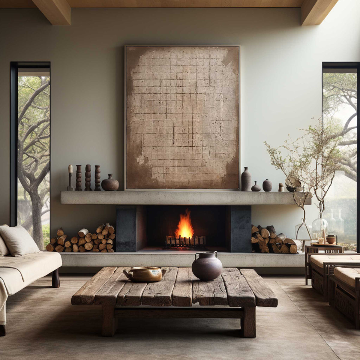 Neutral Toned Textured Grid Pattern Oil Painting