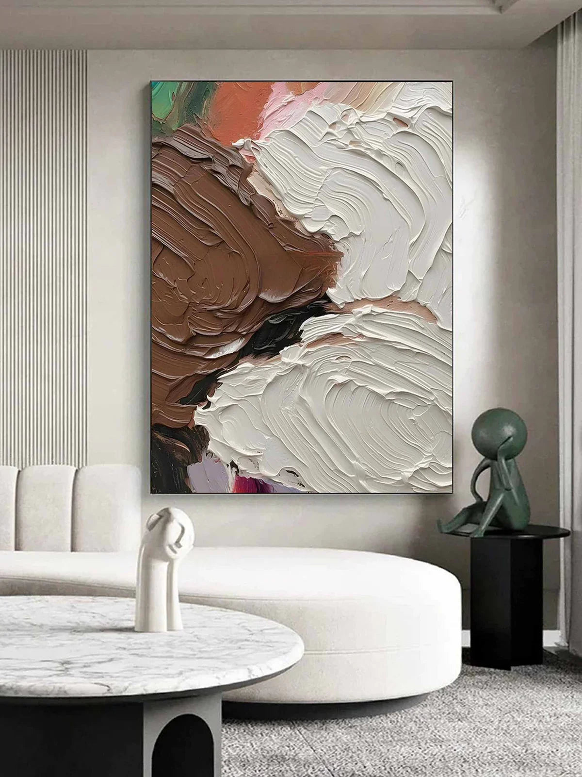 Brown White Wave Impasto Textured Abstract Oil Painting