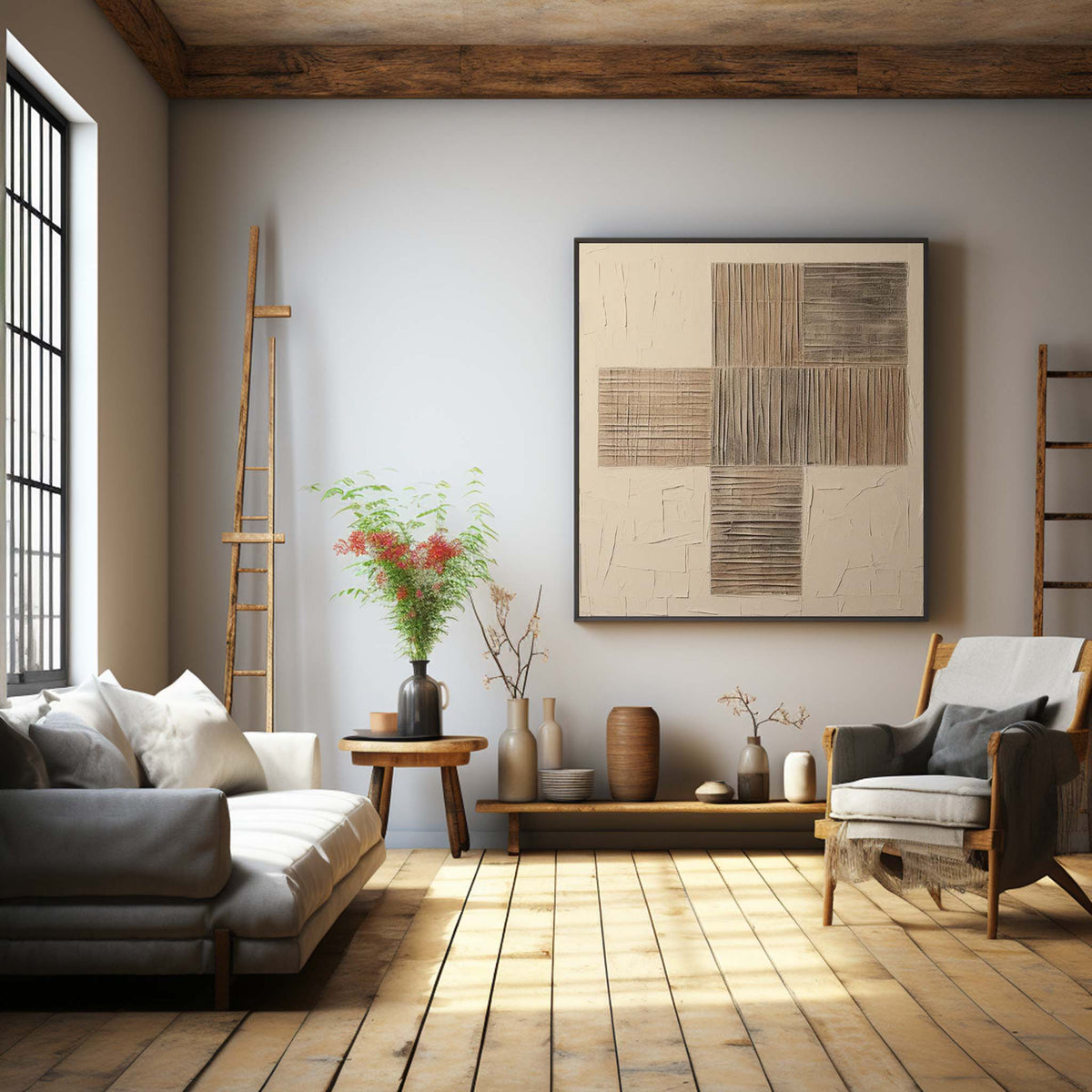 Wabi-Sabi Neutral Toned Textured Grid Panel Oil Painting