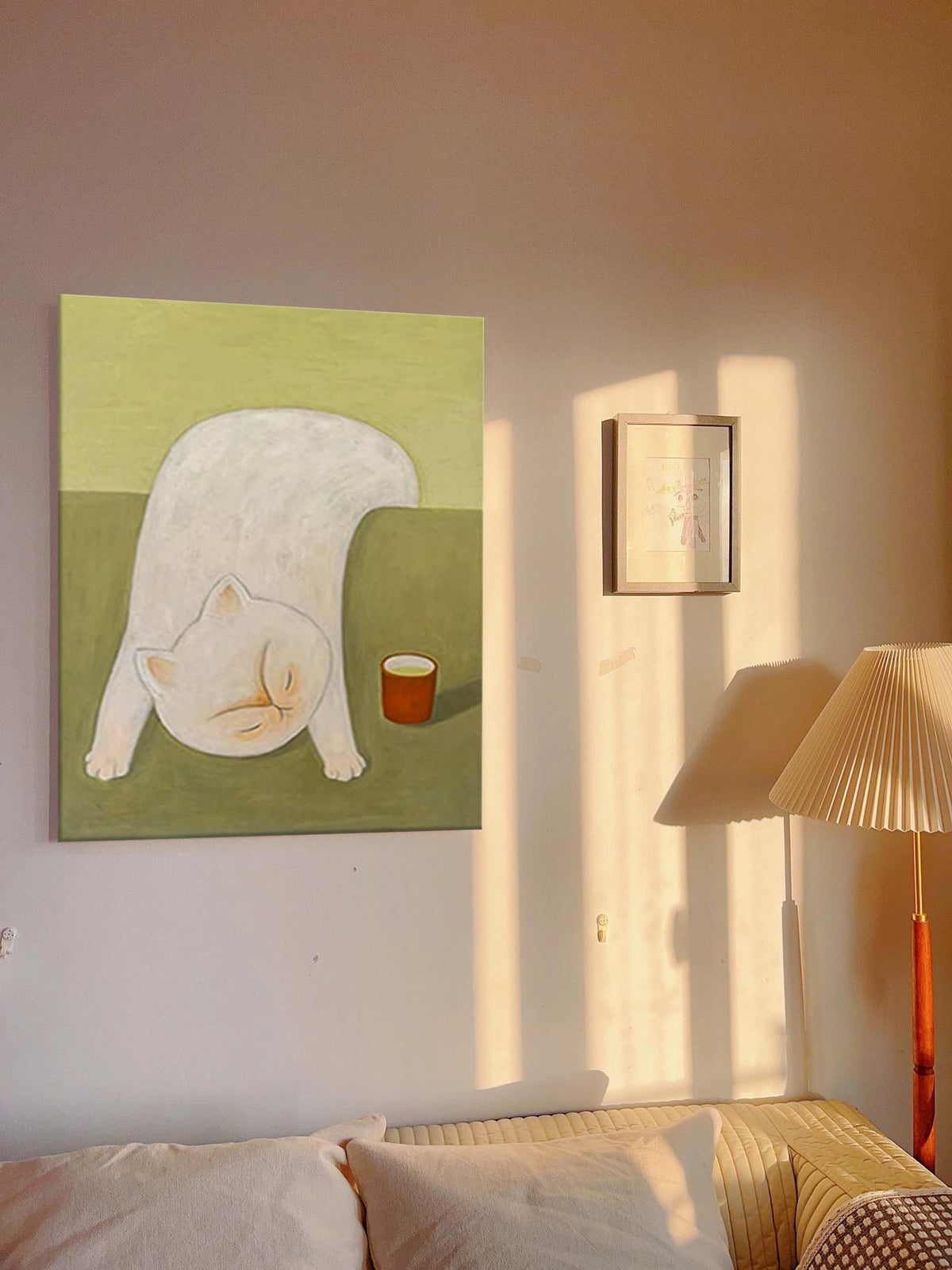 Whimsical Stretching White Cat Cozy Wall Art