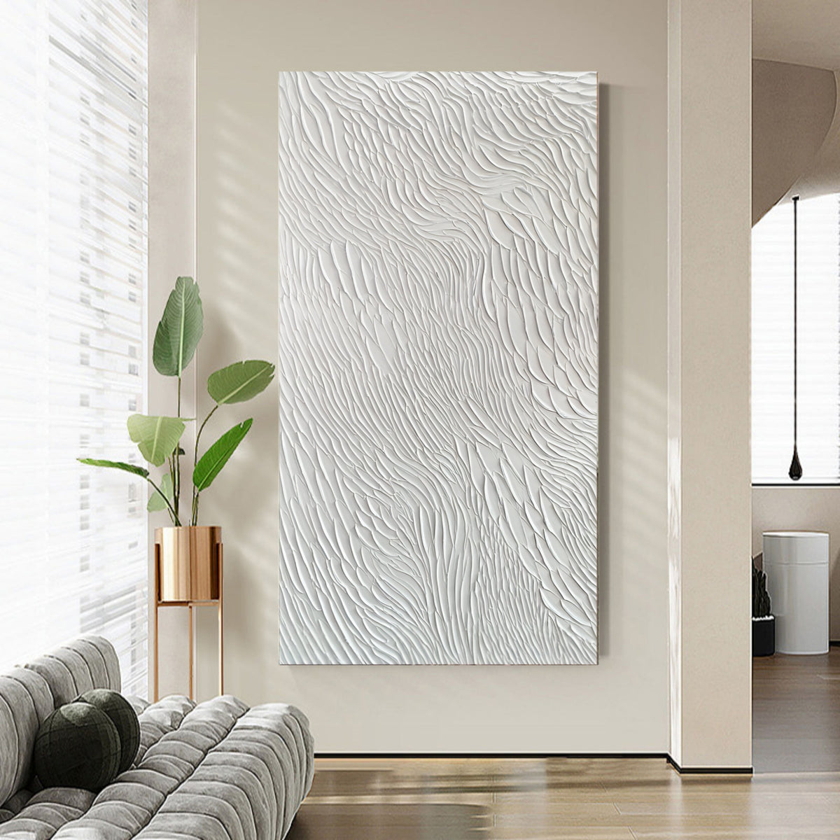 Vertical White Feather Texture Wall Art Minimalist Wabi Sabi