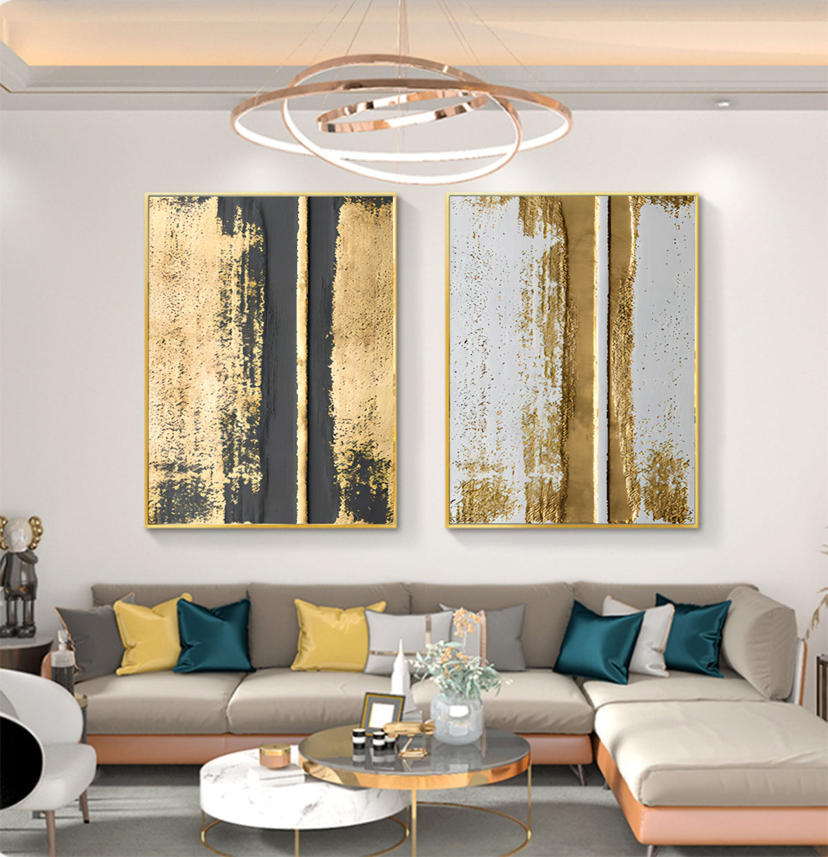 Luxury Gold Foil Abstract Diptych Oil Painting