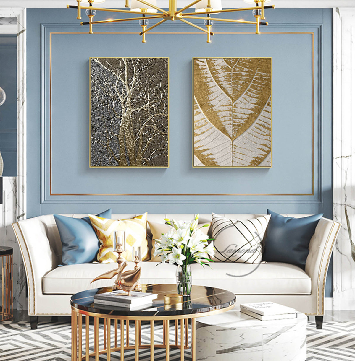 Wall Art Minimalist 3D Gold Tree Leaf Set