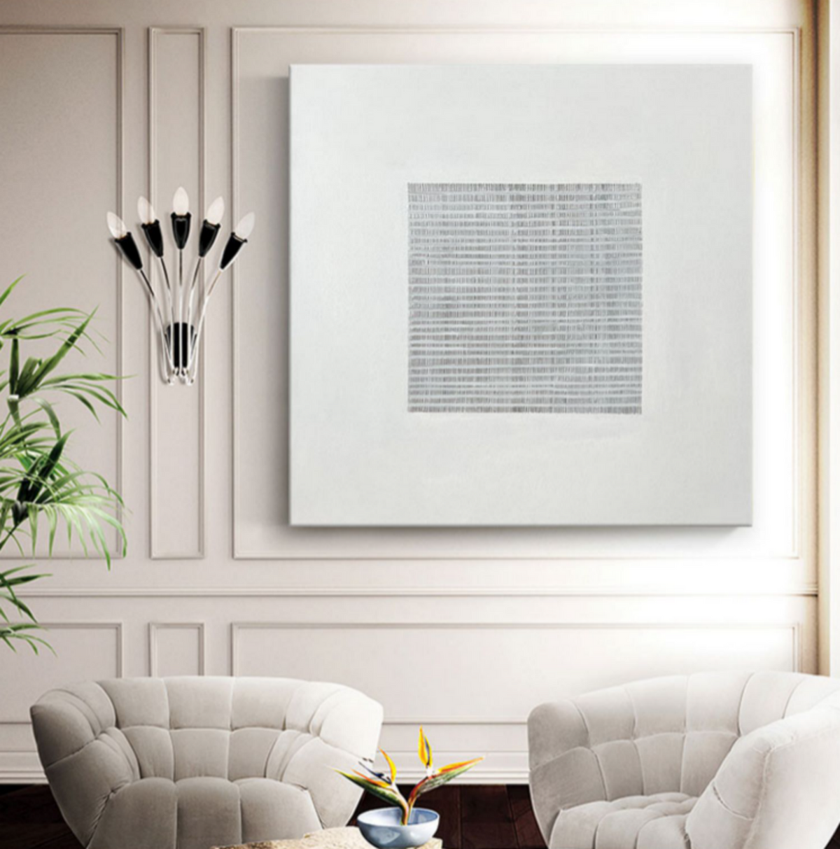 Wall Art Neutral Linear Grid Bas-Relief Abstract Oil Painting