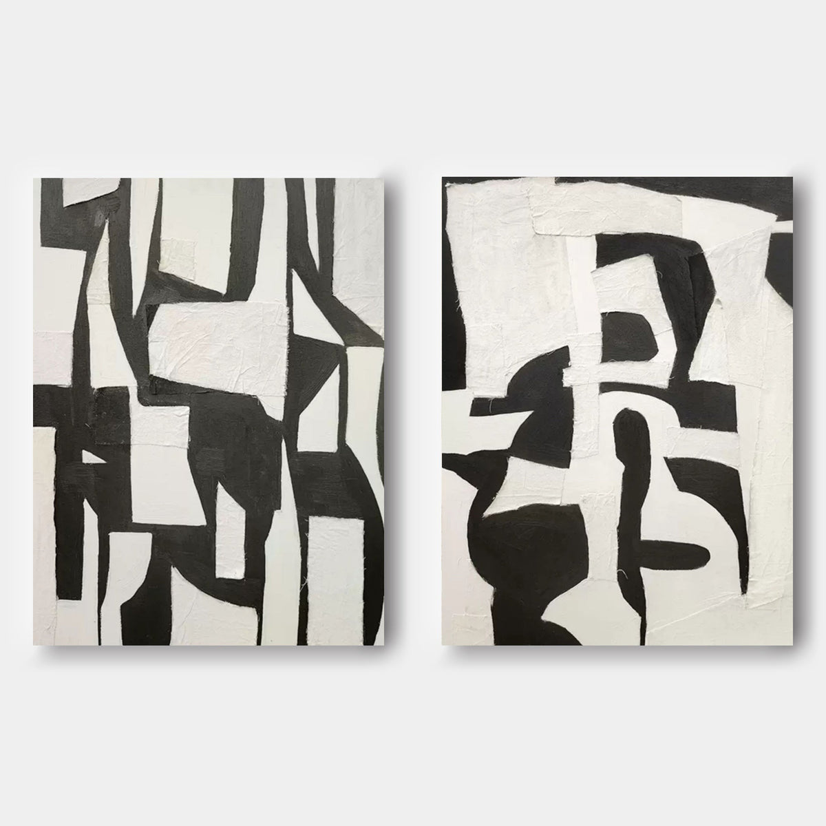 Set Of 2 Black White Collage Diptych Oil Painting