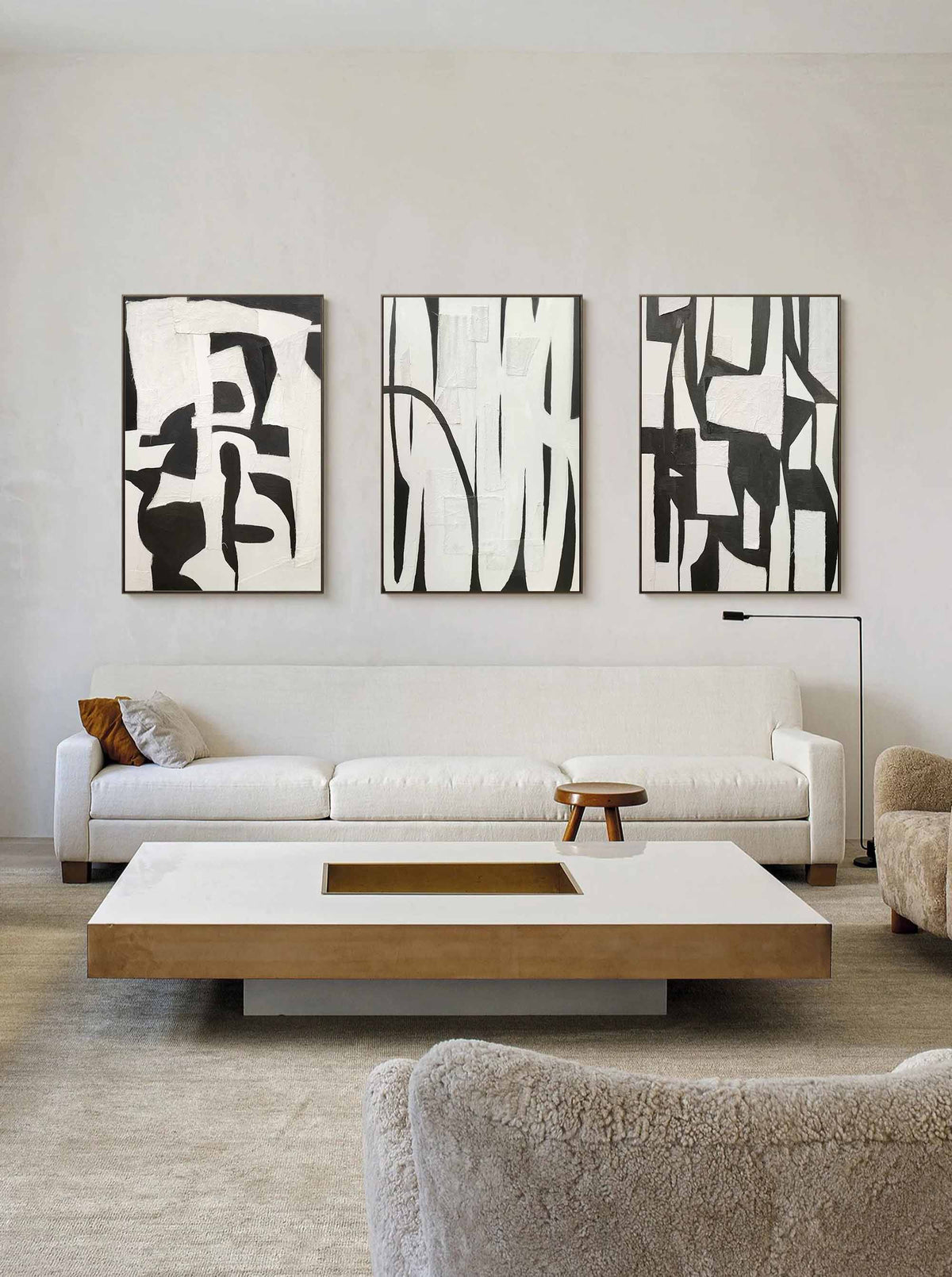 Monochrome Abstract Triptych Oil Painting