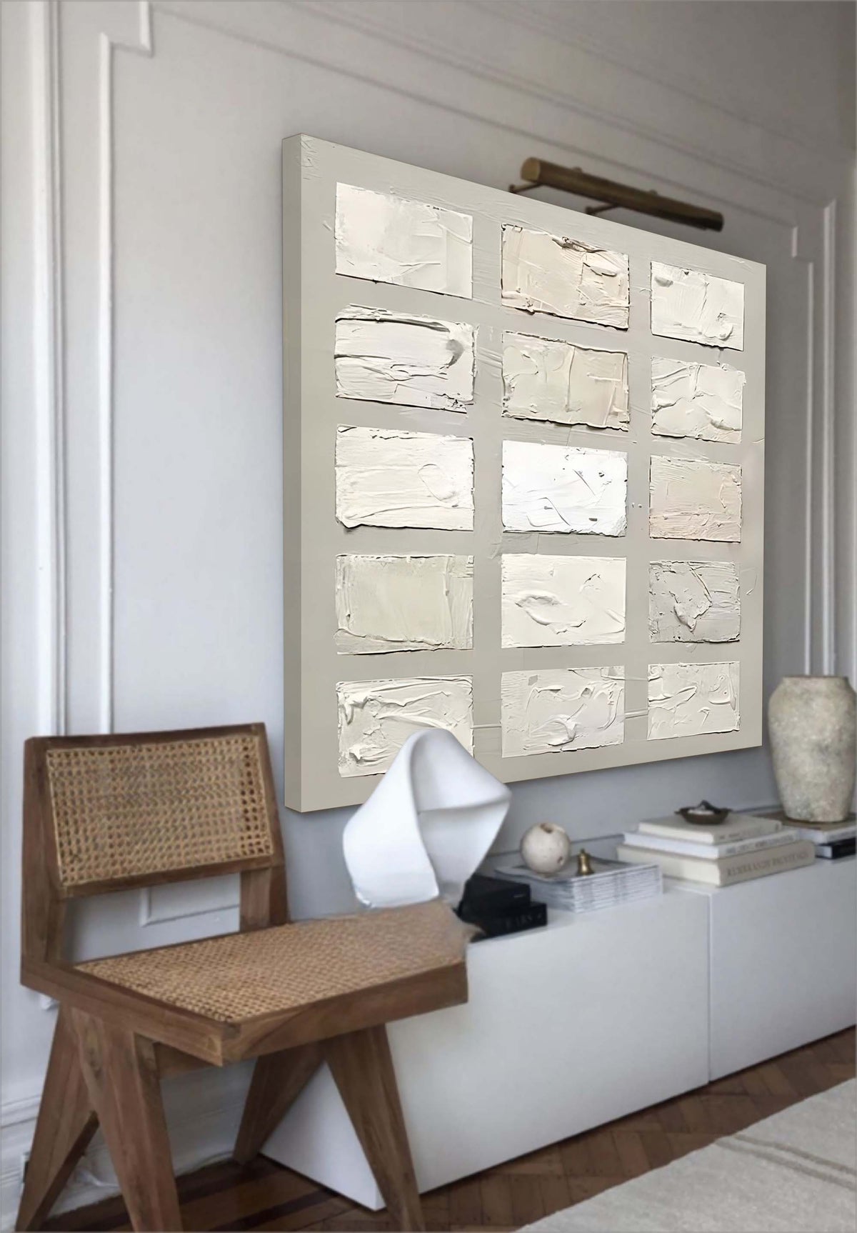 Wabi-Sabi Textured Neutral Tone Grid Oil Painting