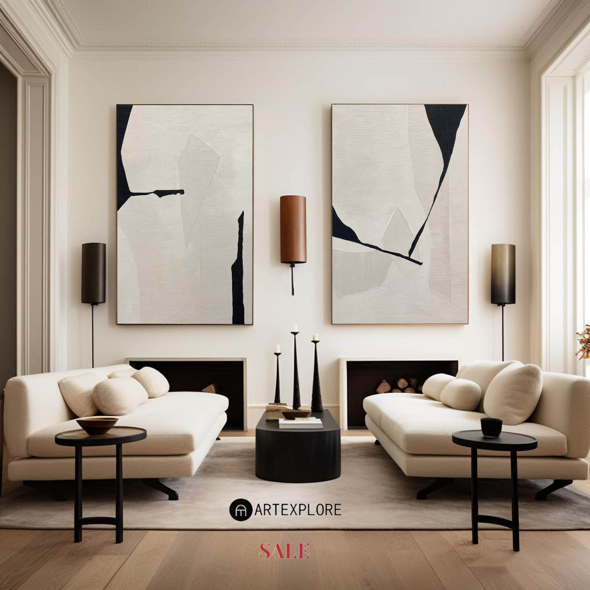 Minimalist Ivory Black Abstract Geometric Diptych Wall Art