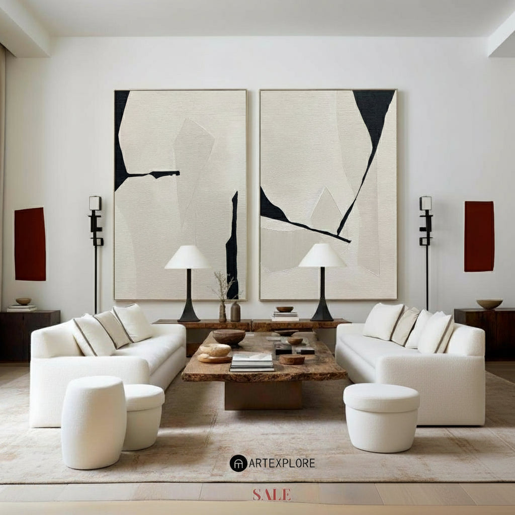 Minimalist Ivory Black Abstract Geometric Diptych Wall Art