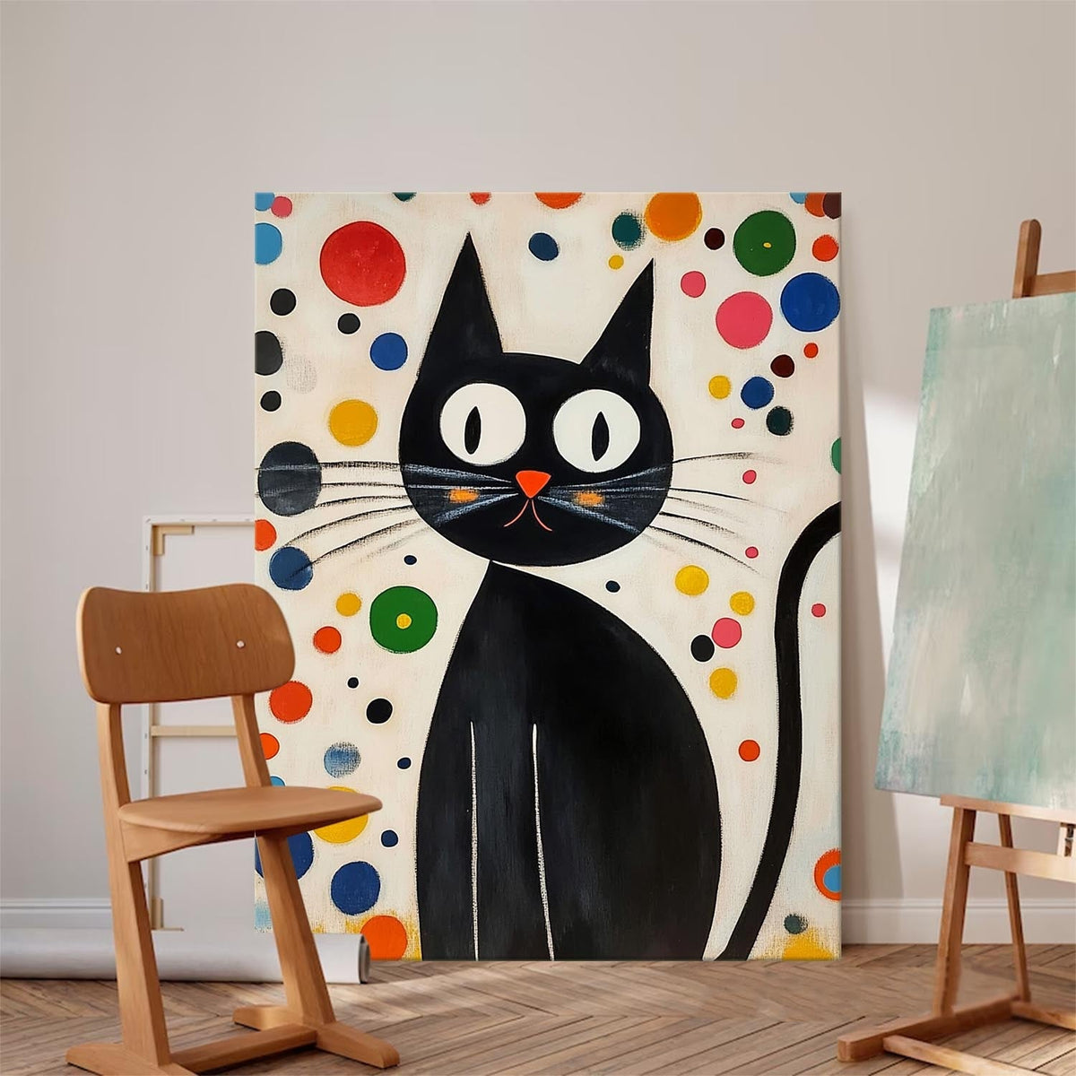 Mid-Century Modern Cat Painting Playful Polka Dot