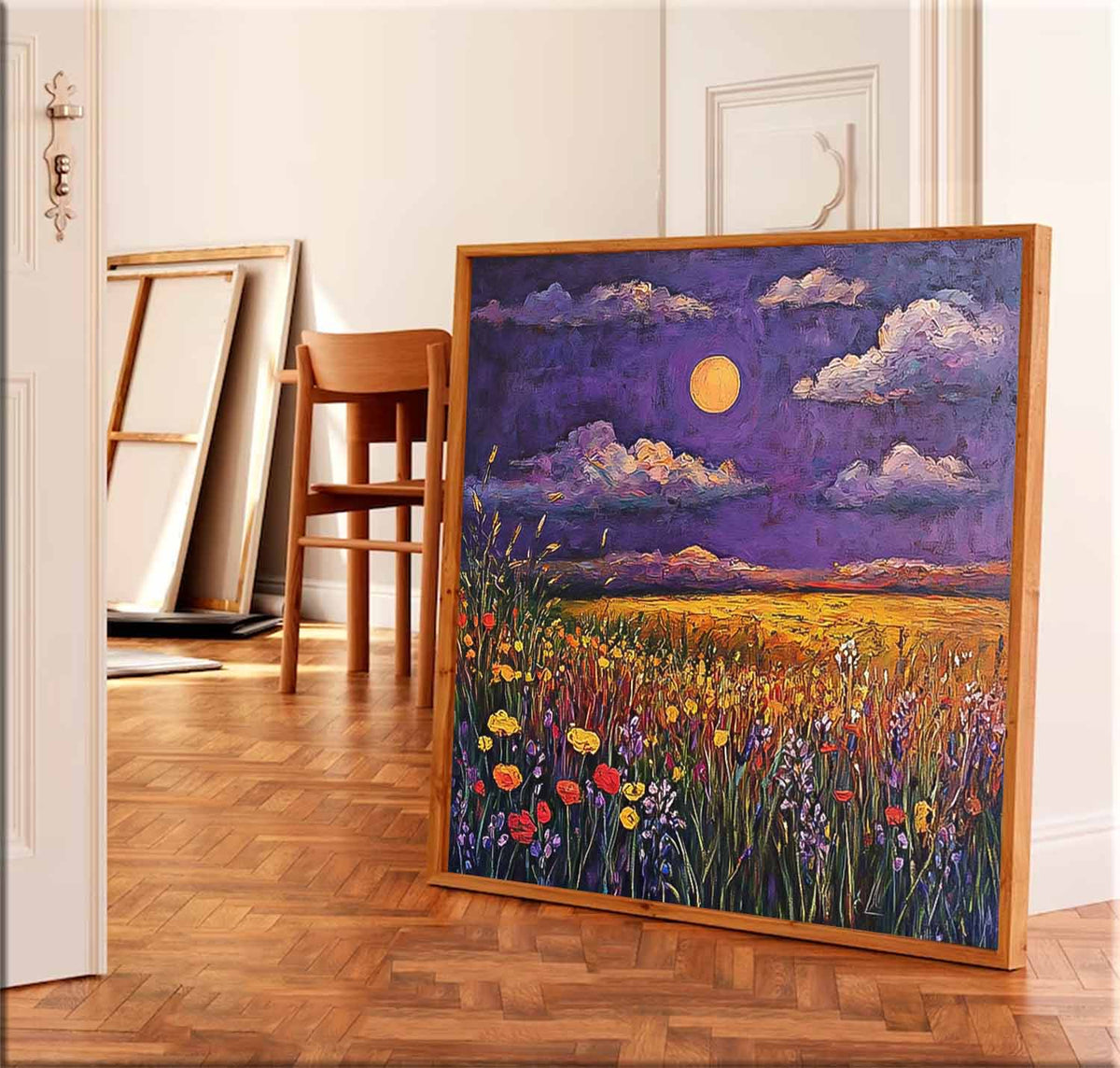 Moonlit Wildflower Field Under Purple Sky Impressionist