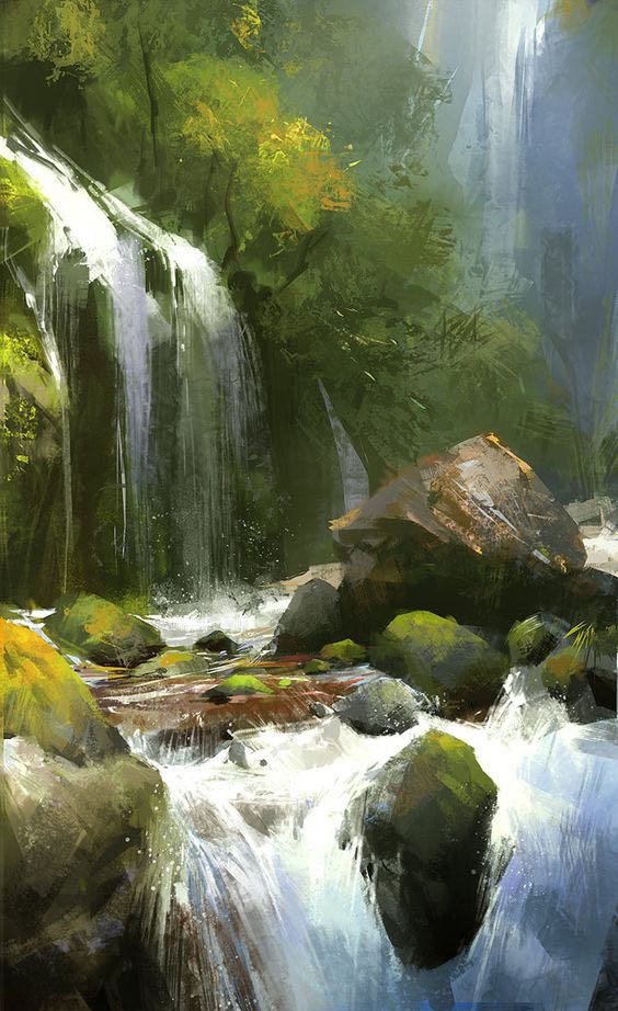 Wall Art Vertical Impressionist Waterfall Landscape Lush